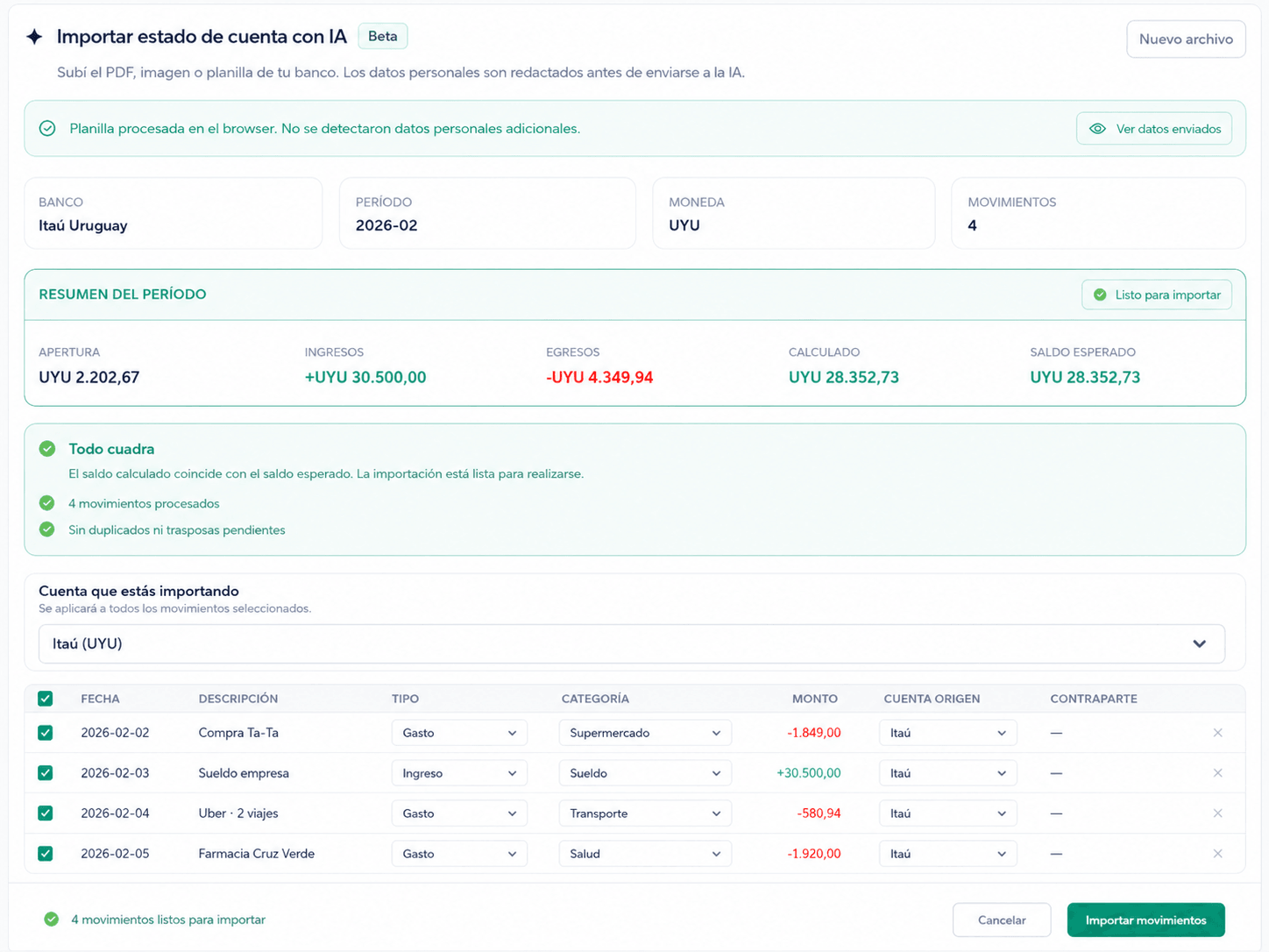 Importación de extractos bancarios en Control+ — revisión de movimientos detectados
